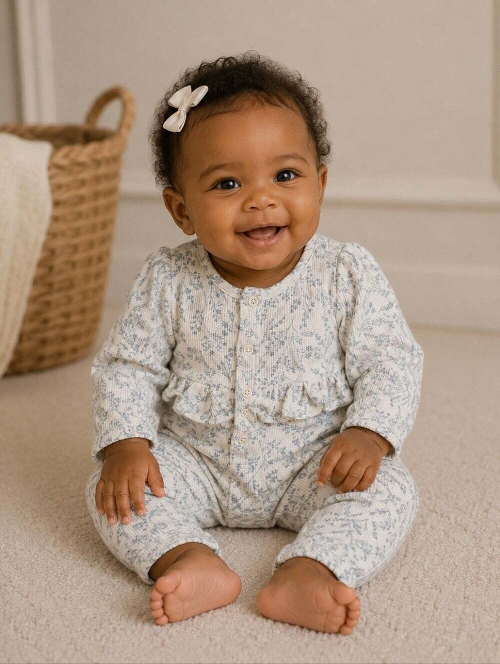 Soft Floral Print Baby One-Piece Romper in Light Blue